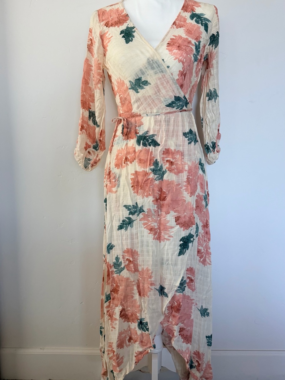 lovestitch Cream Wrap Maxi       Hi-Low Dress with Coral Floral and Green Leaves